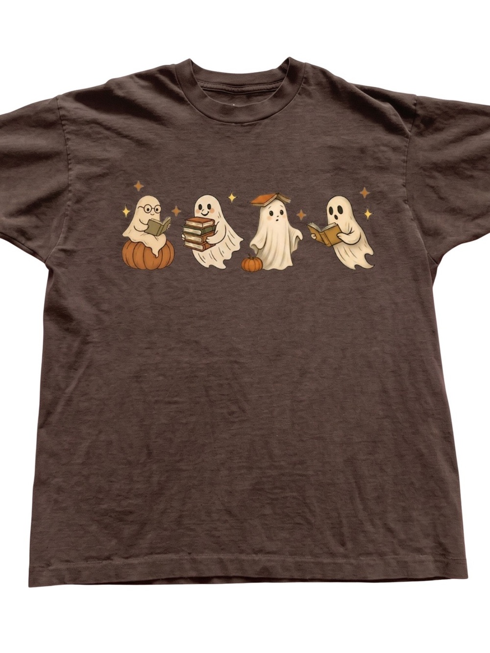 Brown T-Shirt with Cute Reading Ghosts Graphic